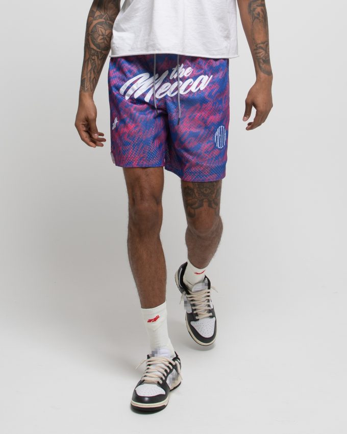 Double-layer sublimated mesh basketball shorts with breathable fabric, side pockets for casual wear.